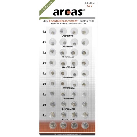Arcas | AG Set (8xAG1, 8xAG3, 8xAG4, 8xAG13, 4xAG5, 4xAG12) | Alkaline Button Cell | 40 pc(s)